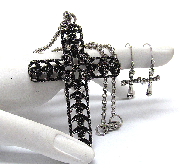 Textured metal cross with multi flowers long necklace earring set