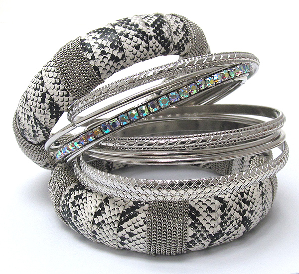 Two leatherette snake animal print and chain and crystal metal 11 mix bangle set 