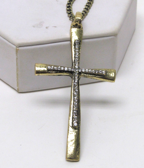 Crystal center deco metal cross long necklace