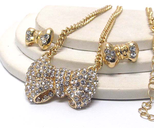 Crystal metal bow drop chain necklace earring set