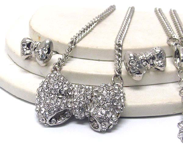 Crystal metal bow drop chain necklace earring set