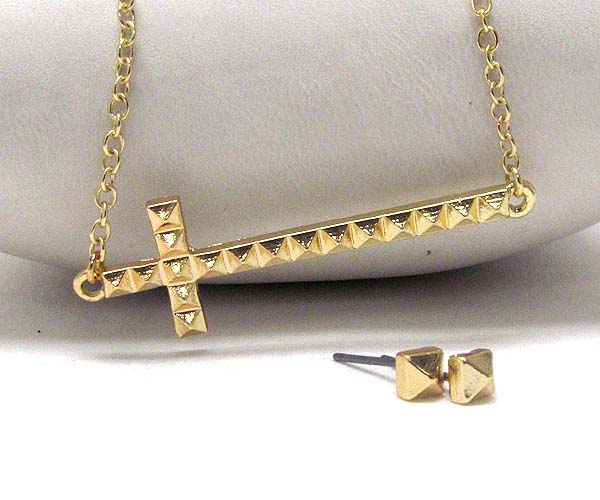 Thin metal spike cross drop necklace earrng set