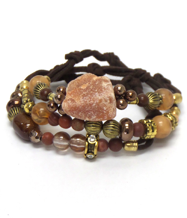 Stone and beads three layer leather bracelet set