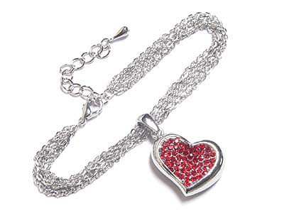 Multi chain heart bracelet with paved red crystal