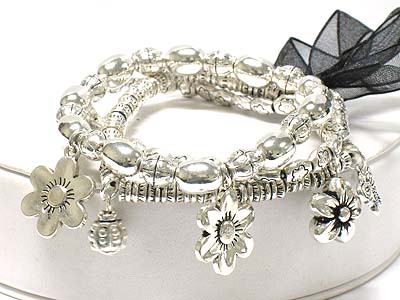 Flower pattern multi strands and charms metal elastic bracelet with ribbon 