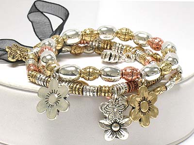 Flower pattern multi strands and charms metal elastic bracelet with ribbon 