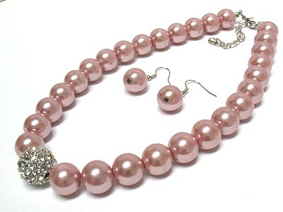 Pearl beads and crystal ball necklace and earring sety