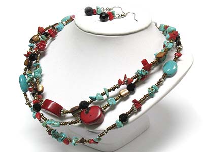 Turquoise and natural stone multi strand necklace and earring set