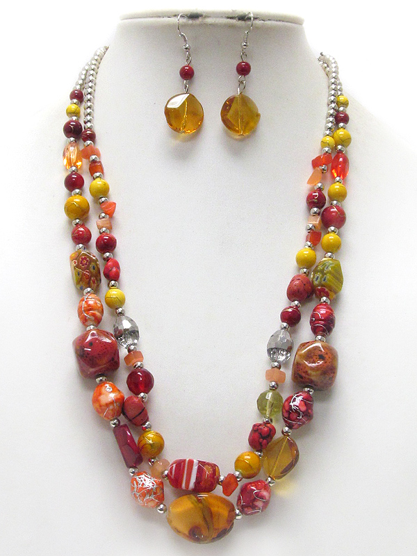 Glass and figurine beads double strand necklace and earring set