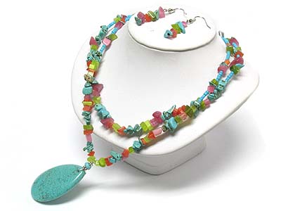 Turquoise pendant and natural stone double strand necklace and earring set