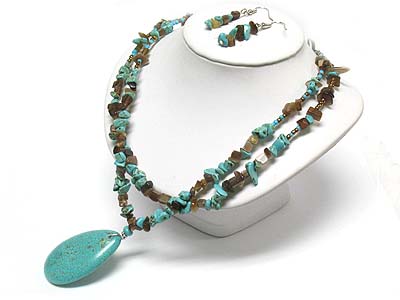 Turquoise pendant and natural stone double strand necklace and earring set