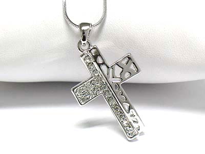 Made in korea whitegold plating half crystal half filigree cross necklace