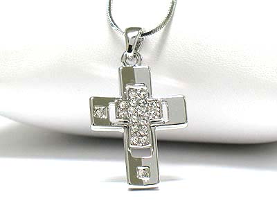 Made in korea whitegold plating crystal accent dual cross pendant necklace