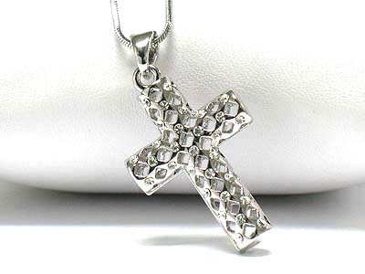 Made in korea whitegold plating crystal accent meshed cylinder type cross pendant necklace