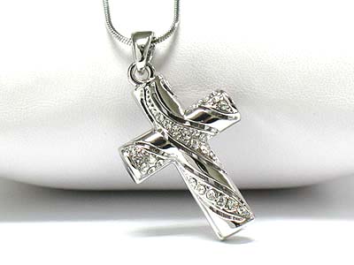 Made in korea whitegold plating crystal accent cylinder type cross pendant necklace