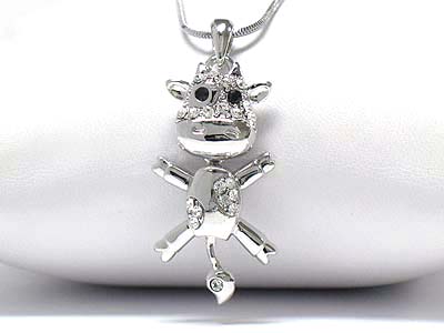 Made in korea whitegold plating crystal nodding cow pendant necklace