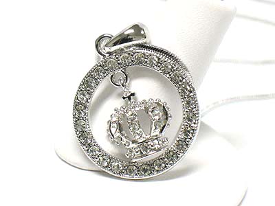 Made in korea whitegold plating crystal crown dangling round pendant necklace