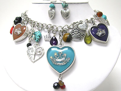 Crpwn heart charm and mixed stone and beads dangle necklace set