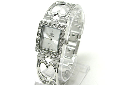 Crystal  frame square face heart cut out metal band watch