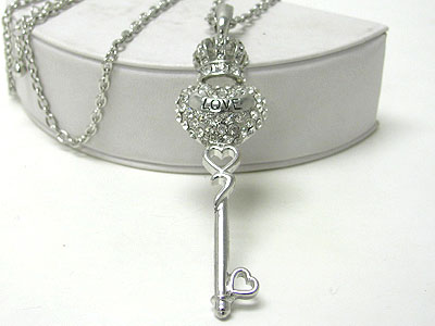 Crystal stud love and crown key pendant dangle long necklace set