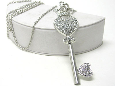 Crystal stud heart and crown key pendant dangle long necklace set