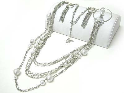 Multi strand pearl ball and chain link long neckalce set