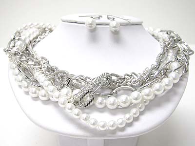 Multi strand metal chain and pearl ball braided necklace set 