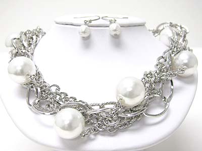 Multi strand metal chain and pearl ball braided necklace set