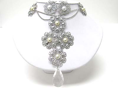 Metal filigree flower and facet acryl stone  y drop necklace set