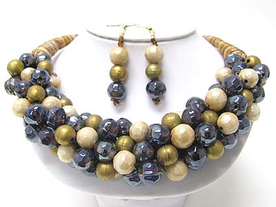 Ethnic style mixed acryland metal beads cluster and wood tube back necklace set