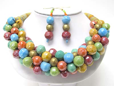 Ethnic style mixed acryland metal beads cluster and wood tube back necklace set