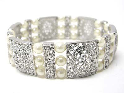 Textured casting metal and pearl beads link stretch bracelet