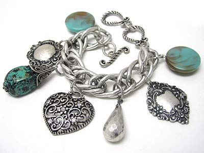 Antique charm and natural stone and patina disk chain bracelet