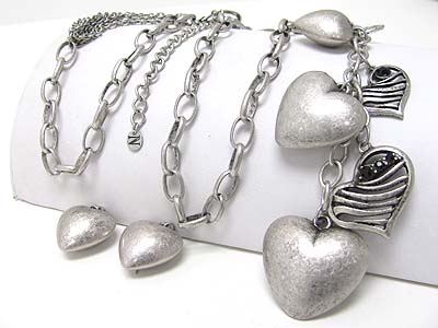 Burnish metal multi heart charm dangle long chain necklace earring set