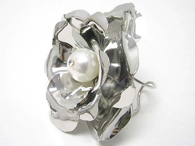 Pearl center large metal flower cuff bangle