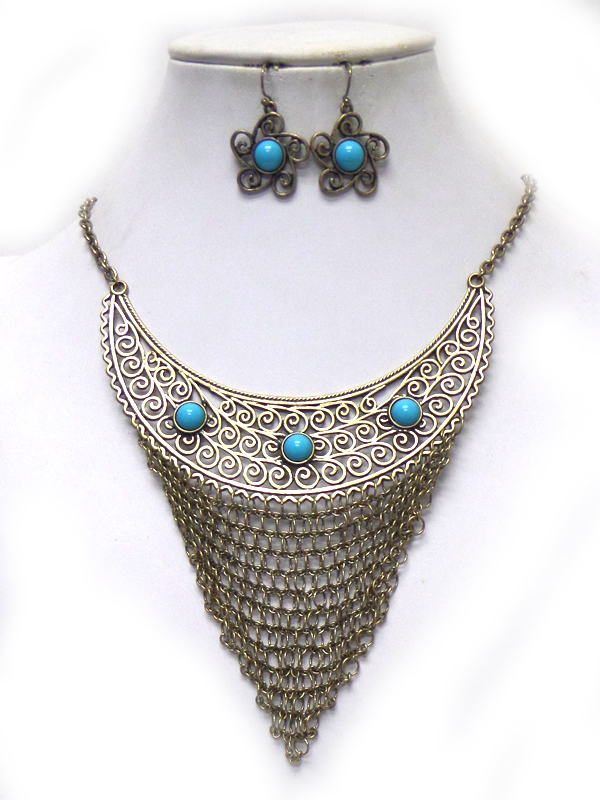 Filigree metal link v drop necklace earring set