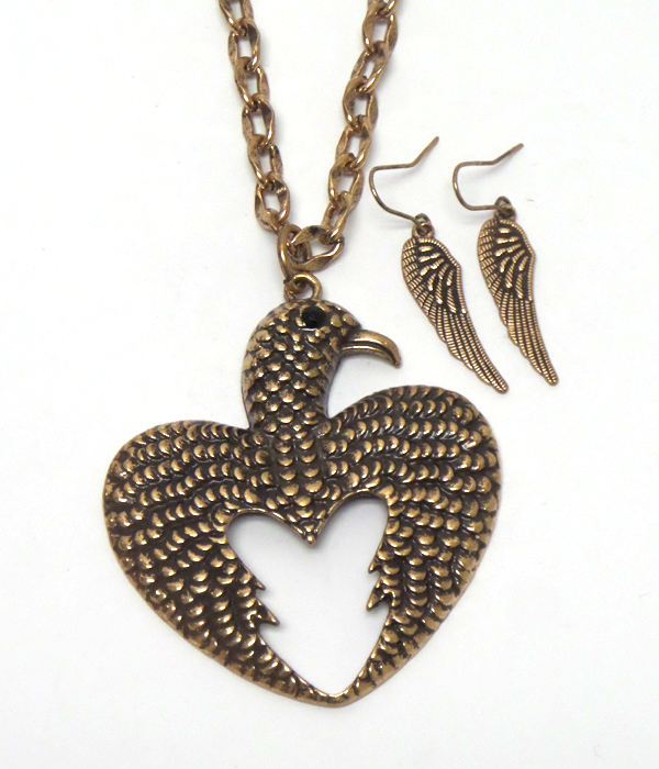 Azteca theme metal textured thunderbird long chain necklace earring set -western