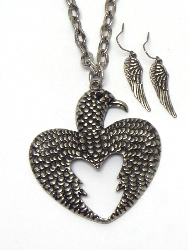 Azteca theme metal textured thunderbird long chain necklace earring set -western