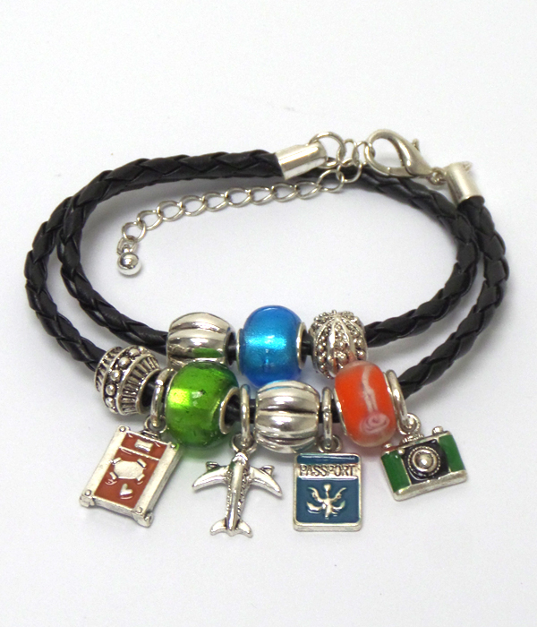 Multi travel charm dangle braided cord bracelet - 18 inch long free wrap style