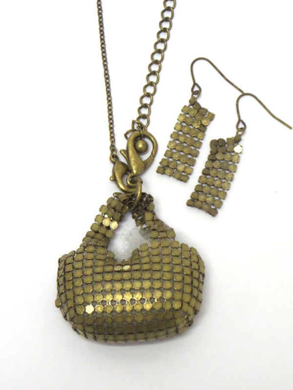 Burnish metal round mesh handbag pendant long necklace earring set