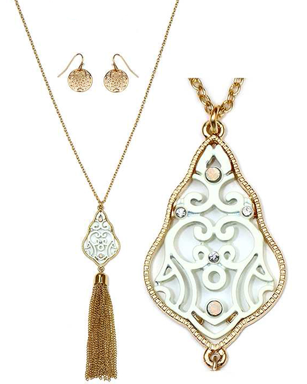 Metal filigree and crystal tassel drop necklace set