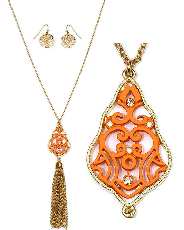 Metal filigree and crystal tassel drop necklace set