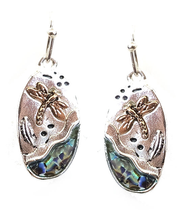 Garden theme abalone dragonfly earring