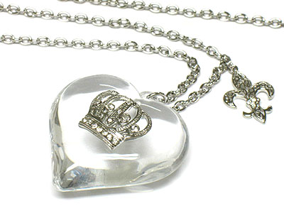 Transparent acrylic heart and crystal crown and fluer de lis charm chain necklace