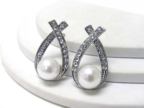 Crystal deco tear drop and pearl earring