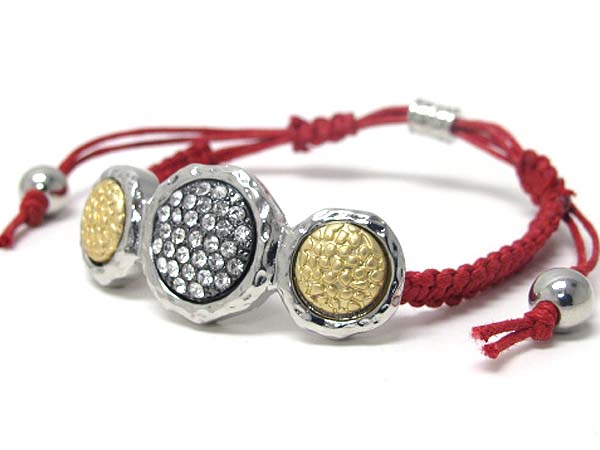 Crystal stud liquid metal triple disk and fabric cord friendship bracelet