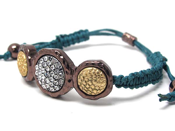 Crystal stud liquid metal triple disk and fabric cord friendship bracelet