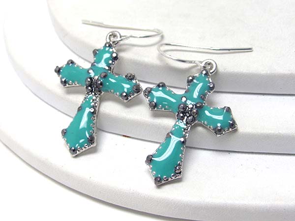 Crystal and epoxy deco cross earring