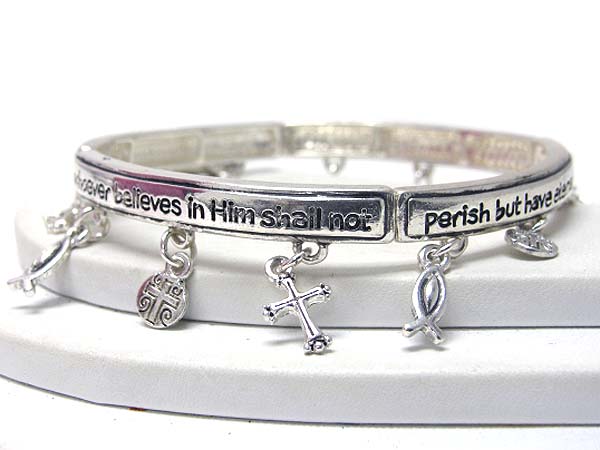 Multi cross and the fish charm message stretch bracelet