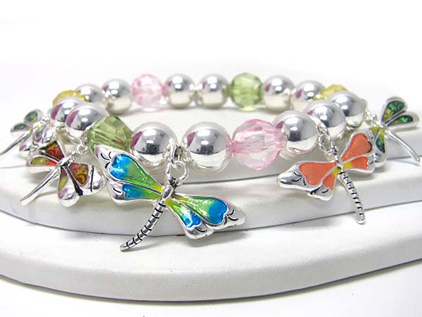 Multi colored dragonfly charm stretch bracelet